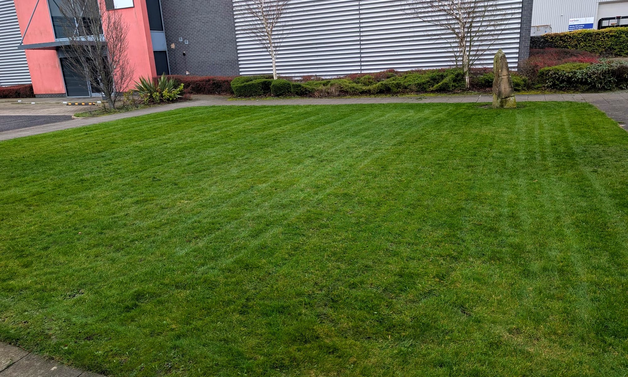 Commercial lawn mown in clean stripes on an industrial estate maintained by Reggie T Landscapes