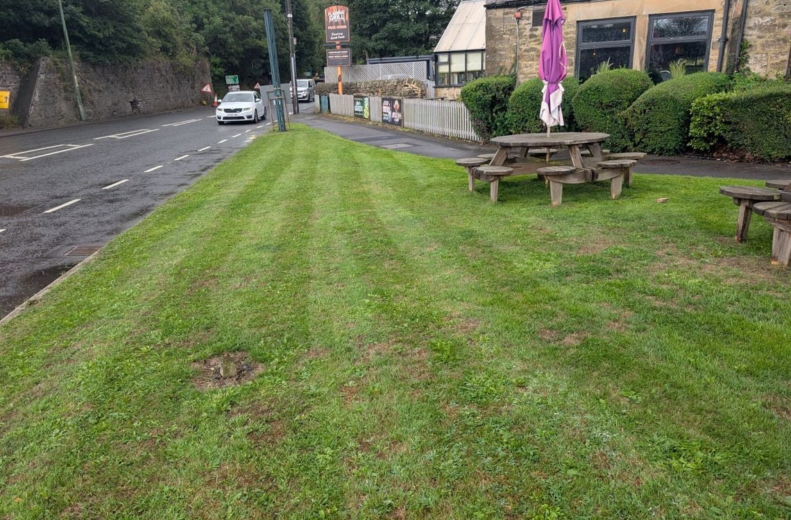 Striped roadside verge and beer garden lawn at a village pub